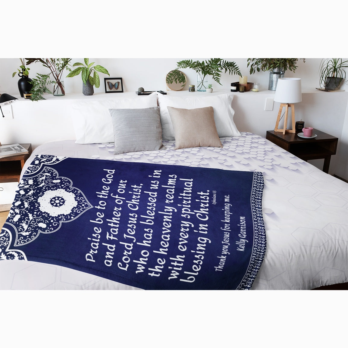 Blankets - Personalizable Scripture Mink Sherpa Blankets - Eph. 1:3_Blue - 60"x80"