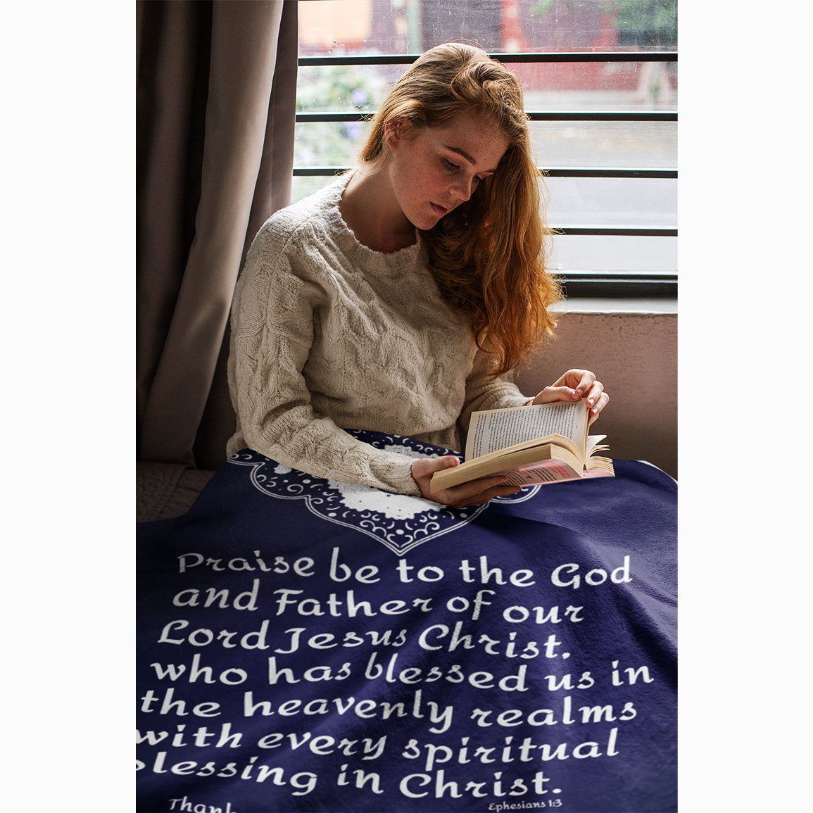 Blankets - Personalizable Scripture Mink Sherpa Blankets - Eph. 1:3_Blue - 60"x80"