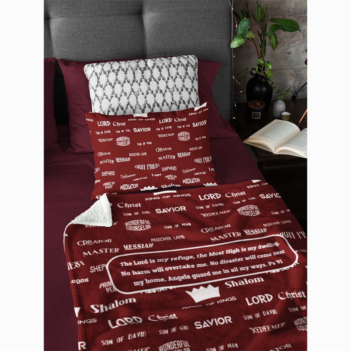 Blankets - Testimony Personalizable Mink Sherpa Blankets - Names Of Jesus_Burgundy - 50"x 60"